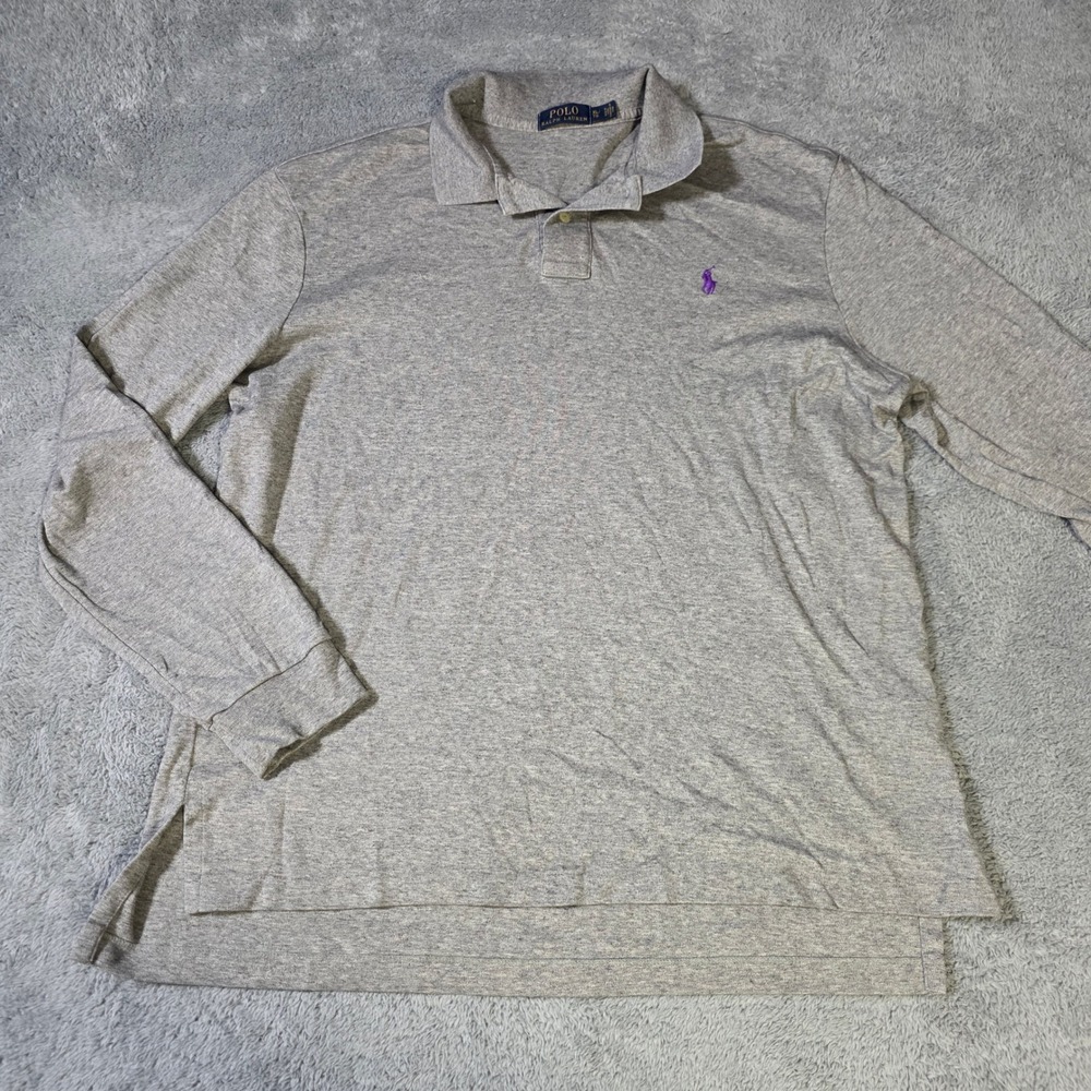Polo Ralph Lauren Mens XL Long Sleeve Polo Shirt Grey Purple Pony Cotton 2163